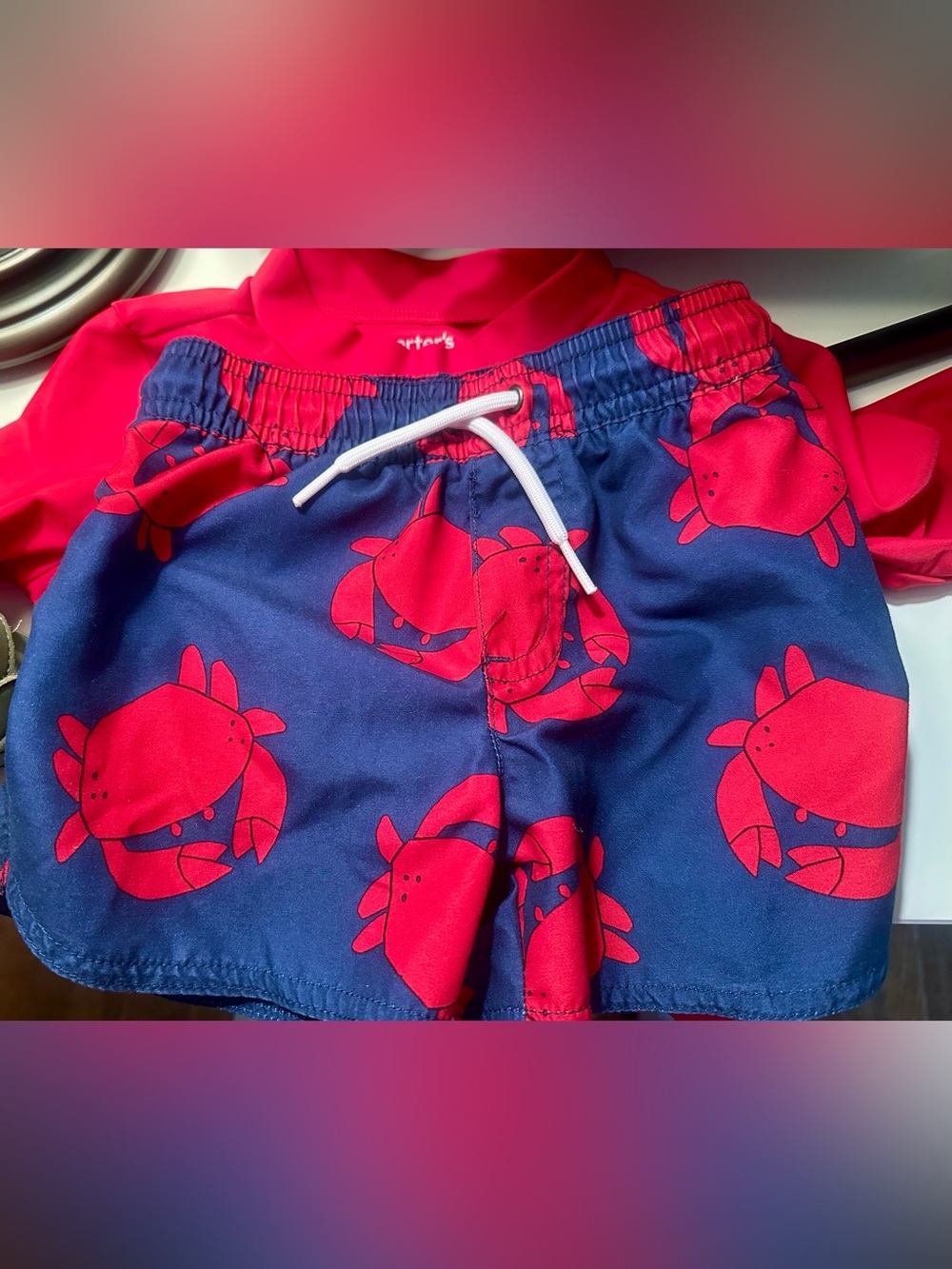 Carter's Navy Swim Shorts & Top with Bright Red Crab Print